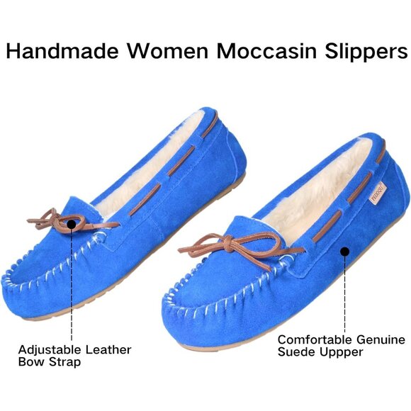 Women's Blue Leather Faux Fur Pile lined lace Up Cozy Bow Warm Slippers Boot - Picture 2 of 5